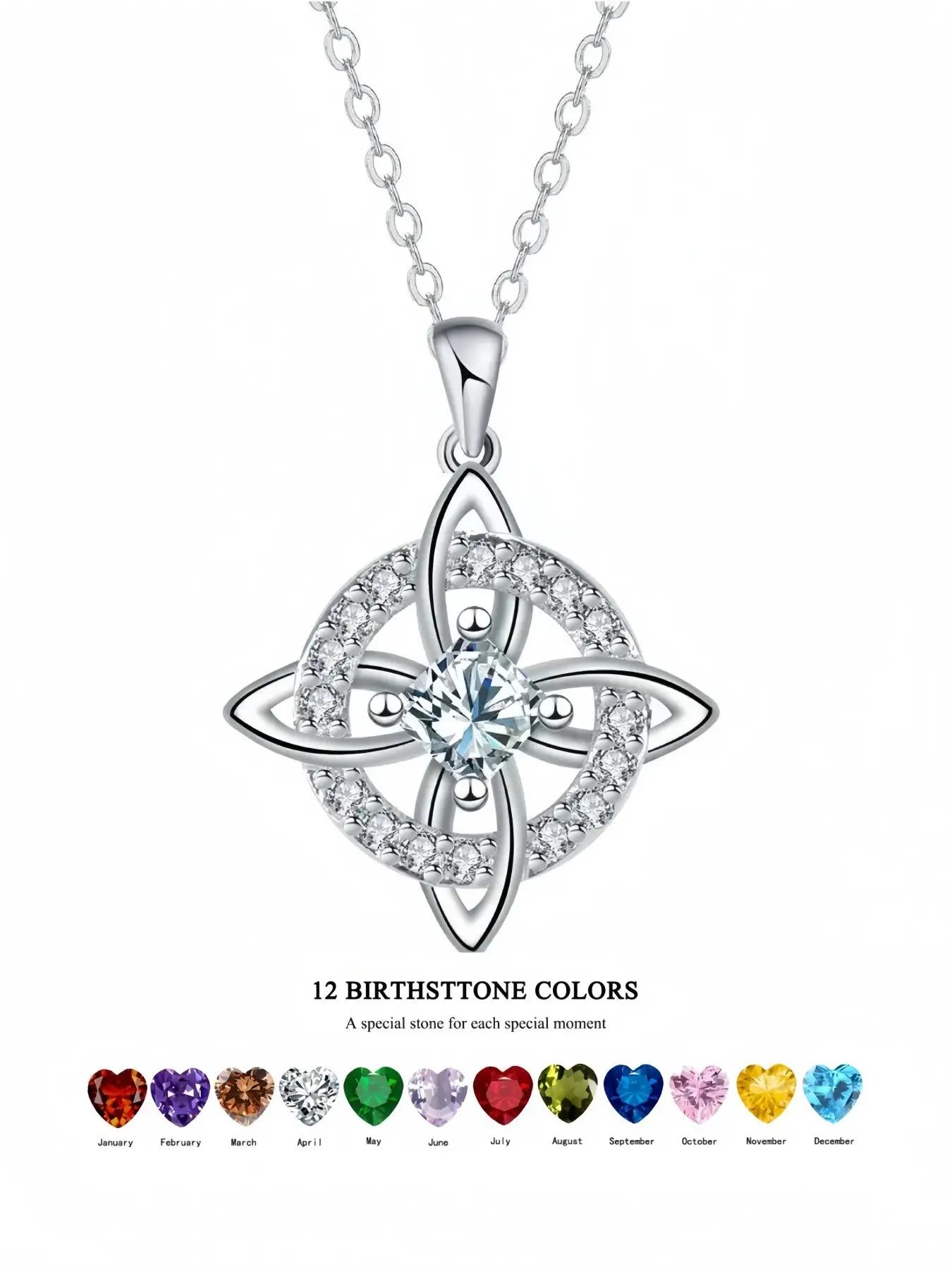 Witches Knot Cubic Zirconia Necklace for Women, 12 Month Birthstone Celtic Knot Pendant, Hecate Goddess Silver Tone Copper Jewelry, Birthday Gift for Her