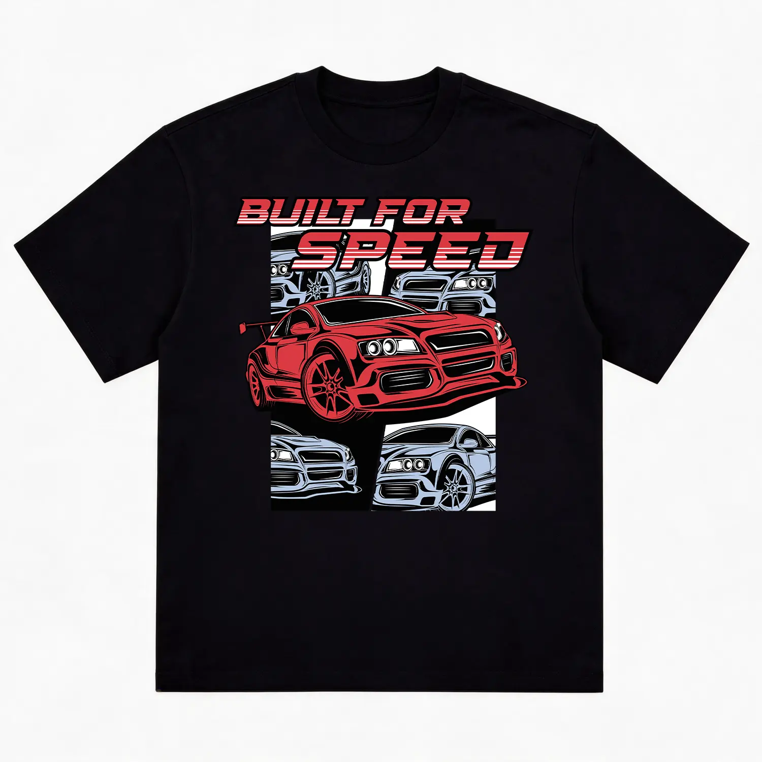 Heavyweight Cotton Oversized Crew Neck Short Sleeve T Shirt, Built For Speed JDM Turbo Drift Racing Car Collage Graphic Tee, Unisex Automotive Top For Car Meet Drift Racing Event Garage Streetwear Daily Casual Outfit