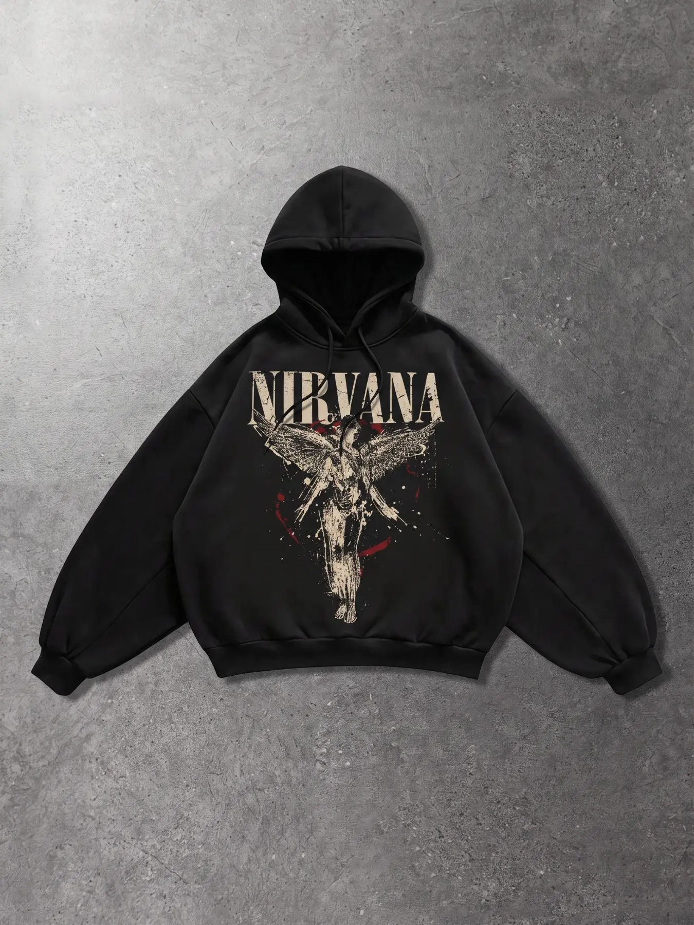 Men's NIRVANA Angel Vintage Graphic Print Pullover Hoodie, Long Sleeve Drawstring Hooded Sweatshirt, Retro Rock Streetwear Tops for Daily Going‑Out Hangout Vacation Shopping Leisure Loungewear Casual Outfits, Trendy Versatile Men Oversized Loose Fit Hoodi