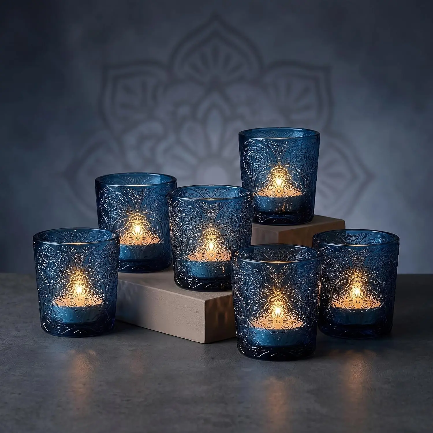 Ocean Blue Mandala Glass Tealight Holders, 6 Pack Patented Embossed Design, Elegant Candlelight Decor, For Tealights or Mini Candles, Multiple Color Options