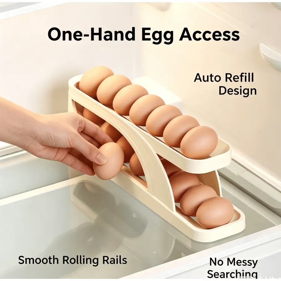 Auto Rolling Egg Holder Dispenser 15 Eggs Capacity Space Saving Fridge Egg Storage Tray HIPS Material Slide Design Refrigerator Kitchen Countertop Egg Organizer Rack