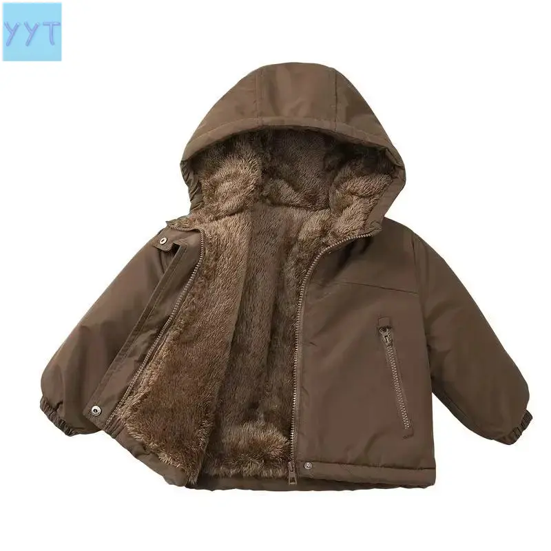 YYT1  Warm Boys' Jacket with Fleece Lining and Thickened Hooded Design Boys Royal Blue Casual Coat with Pockets Durable Autumn Winter Clothing 2025 New