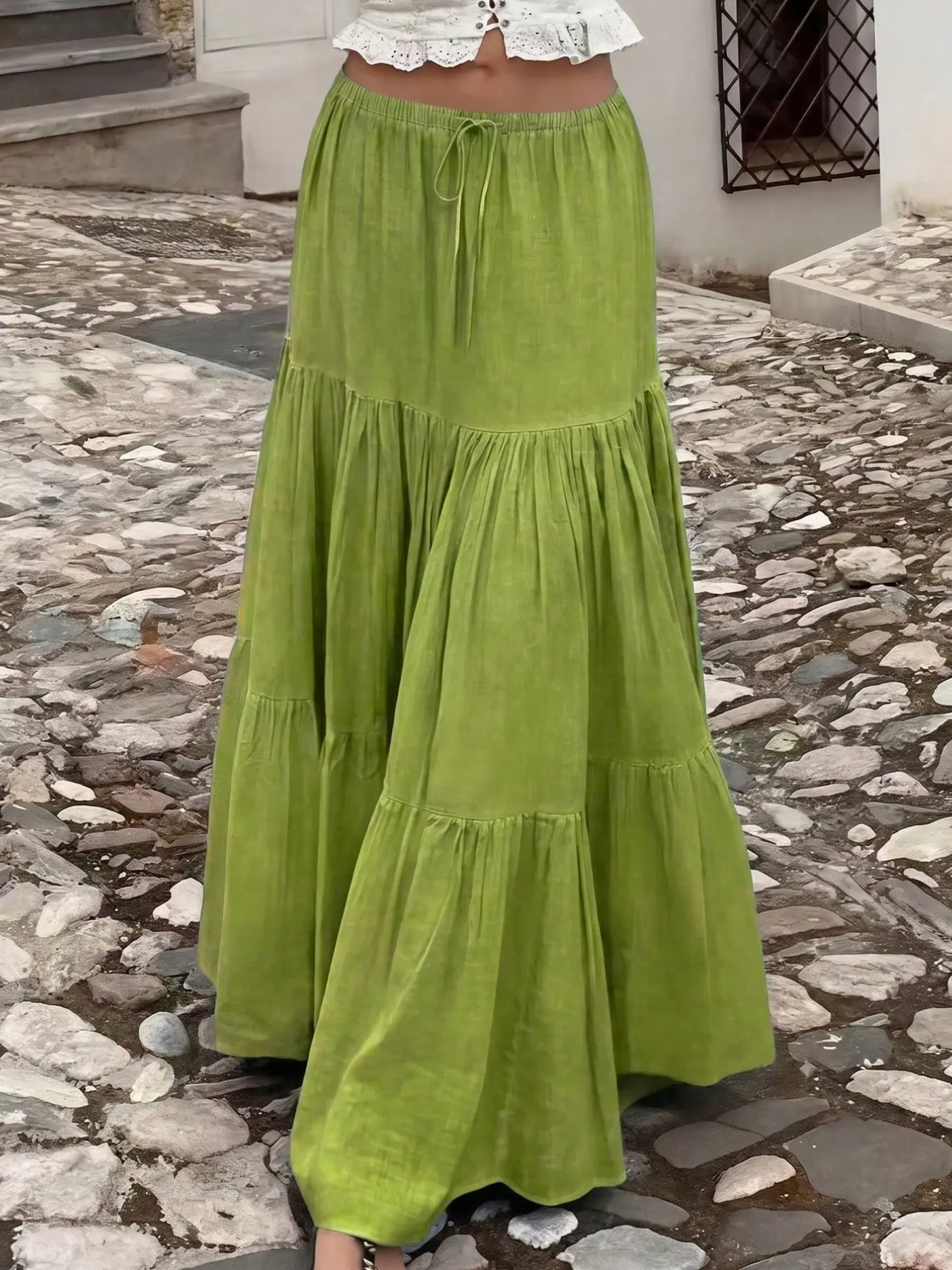 Women's Long Layered Skirt, Drawstring Adjustable Waist, Chic Casual Fabric, Non-Elastic, Loose-Fitting, Solid Pattern, Ideal for Daily Wear