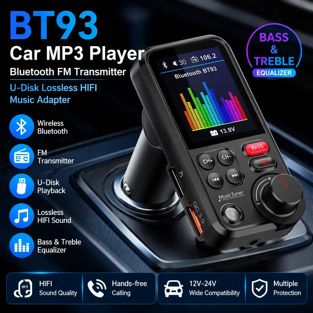 BT93 Wireless Car MP3 Player Bluetooth FM Transmitter, Lossless HIFI Music Playback via U‑Disk, Built‑in Bass‑Treble Sound Equalizer