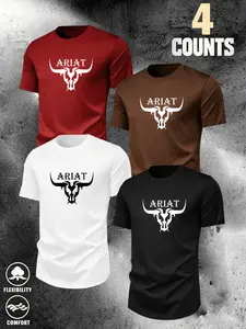 American Western Style Bull Head Print Short Sleeve T-Shirt, Summer Running Fitness Training Quick-Dry Top, Comfortable Breathable Fabric, Four Basic Colors