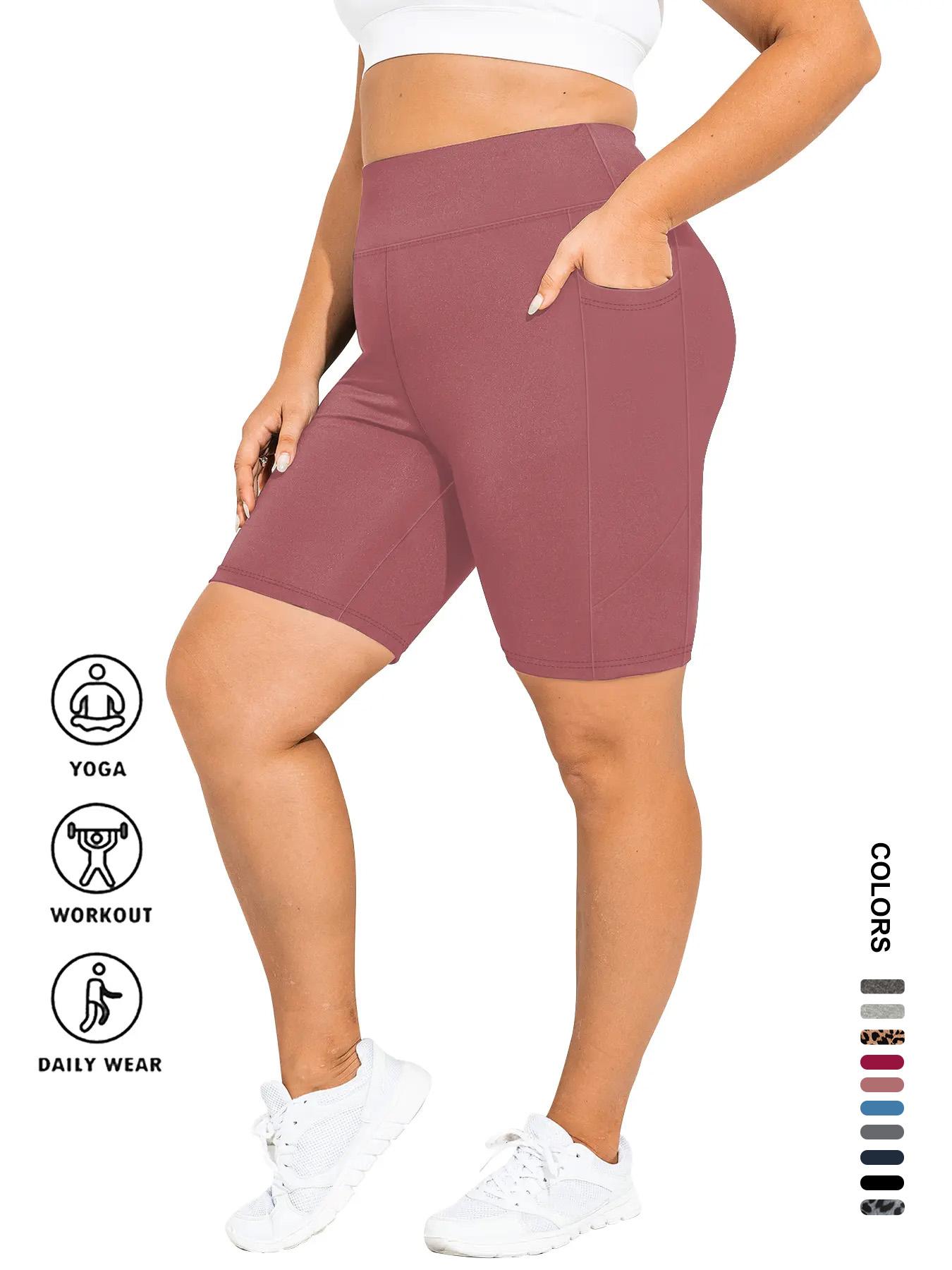 【Plus Size】 Plain / Leopard Print Pocket Design Skinny Short Leggings, Casual Comfy Breathable High Waist Short Leggings for Daily Wear, Women's Bottoms for Summer, Womenswear, Bodycon Shorts, Athletic Yoga Shorts