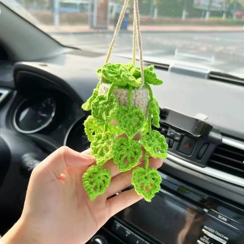 1 pcs Handcrafted Crochet Car Mirror Potted Plnt Ornament, Knitted Plant Car Mirror Hanger, Bohemian Car Plant Crochet Hanging Basket, Knitted Rearview Mirror Charm Decoration, Aesthetic Car Accessory