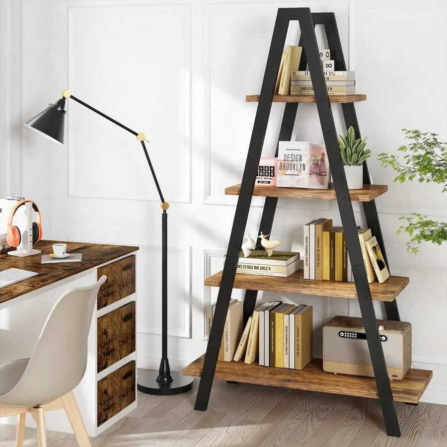 Industrial 4-Tier Load-Bearing Bookshelf - MDF + Metal Frame, Ladder & Triangular Design, for Home Office, Living Room