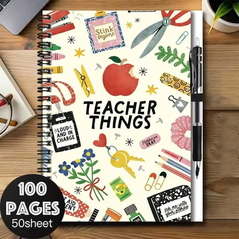 A set of teacher-themed 2D cover spiral notebook and pen set, a great aid for work and study, an excellent choice for graduation gifts and birthdays. It can be used for journaling, daily planning, and note-taking. The design is filled with teacher-related