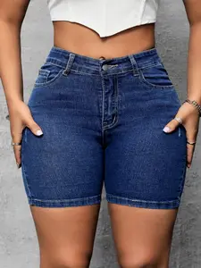 Plus Size High Waist Ripped Denim Biker Shorts, High Stretch Butt Lifting Bermuda Jean Shorts for Curvy Women Summer Casual Streetwear