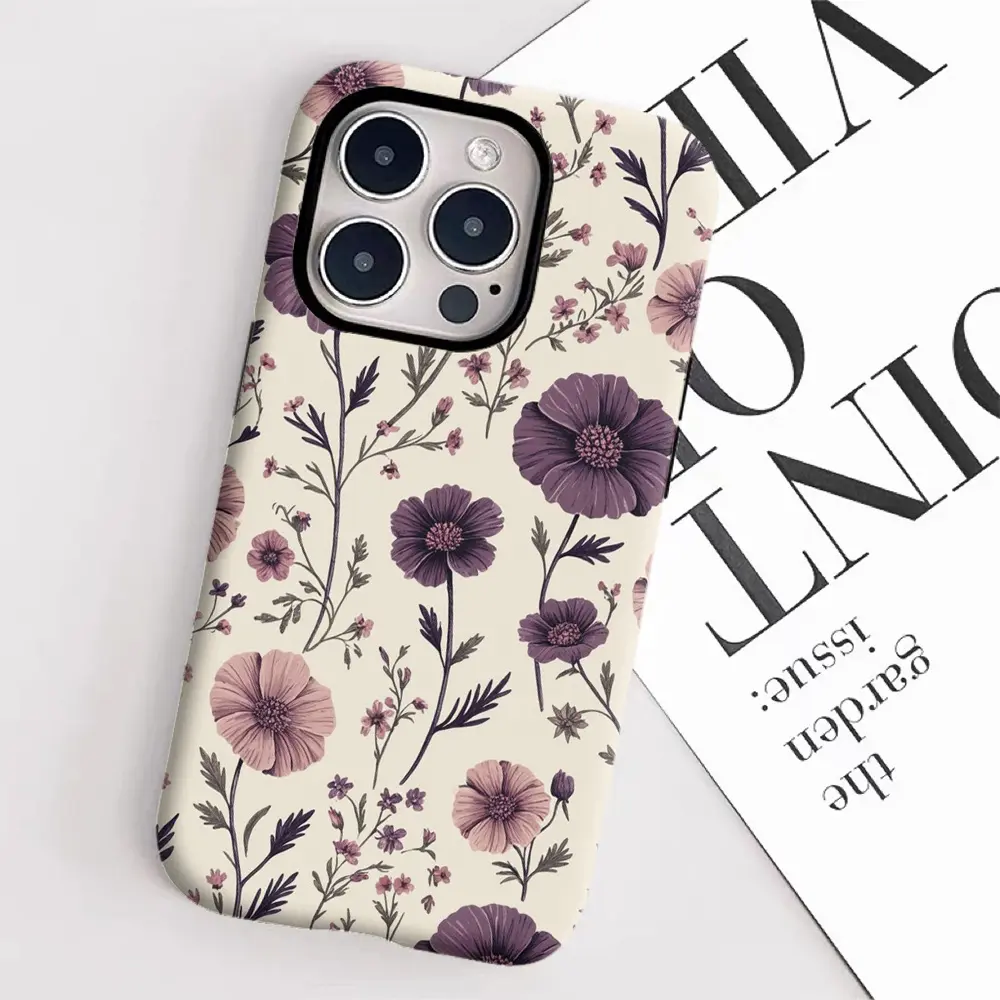 Vintage Purple Pink Wildflower Print Phone Case Shockproof Anti‑Scratch Protective Cover for iPhone 17 16 15 14 13 12 11 Pro Max