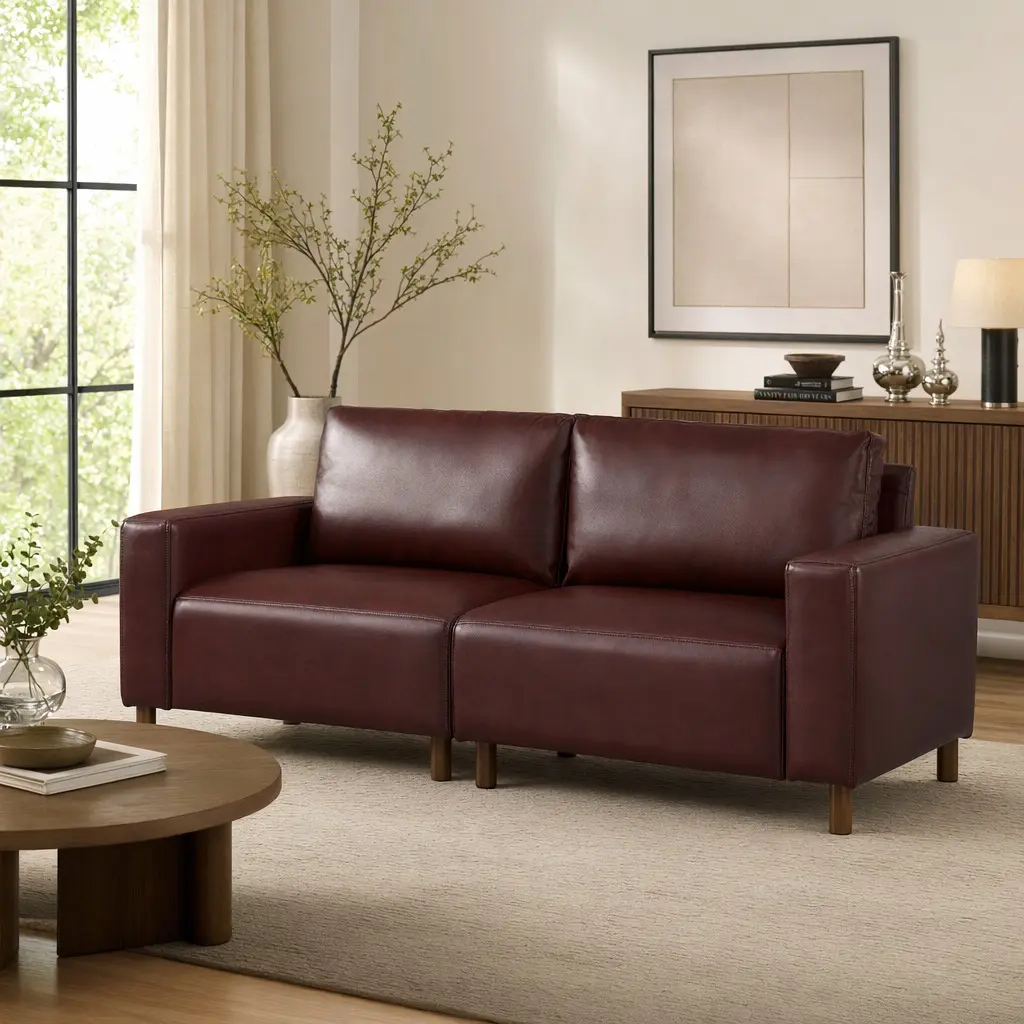 ARCH 78.5 Inch Big Loveseat for Living Room Apartment, 2 Seat PU Leather Couch with Solid Wood Frame, Breathable Faux Leather Sofa, Mid Century Modern Design, Easy Assembly, Burgundy, Burgundy Color Options, Breathable PU Leather Material
