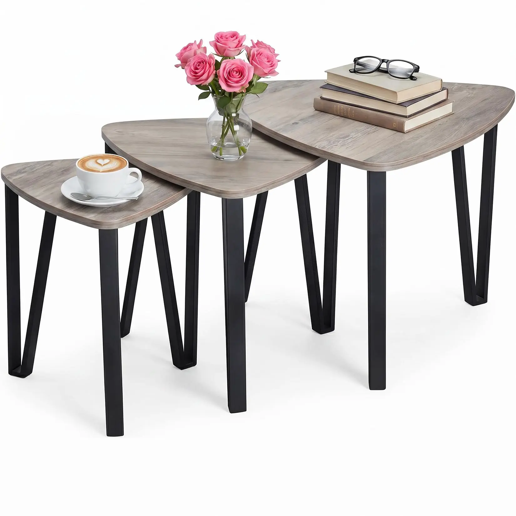 Set of 3 Triangle Nesting Coffee Tables with Industrial Black Metal Frame and Melamine Particle Board, Available in Rustic Grey, Black, or Brown, Multi-Size Nestable Accent Tables for Living Room or Bedroom