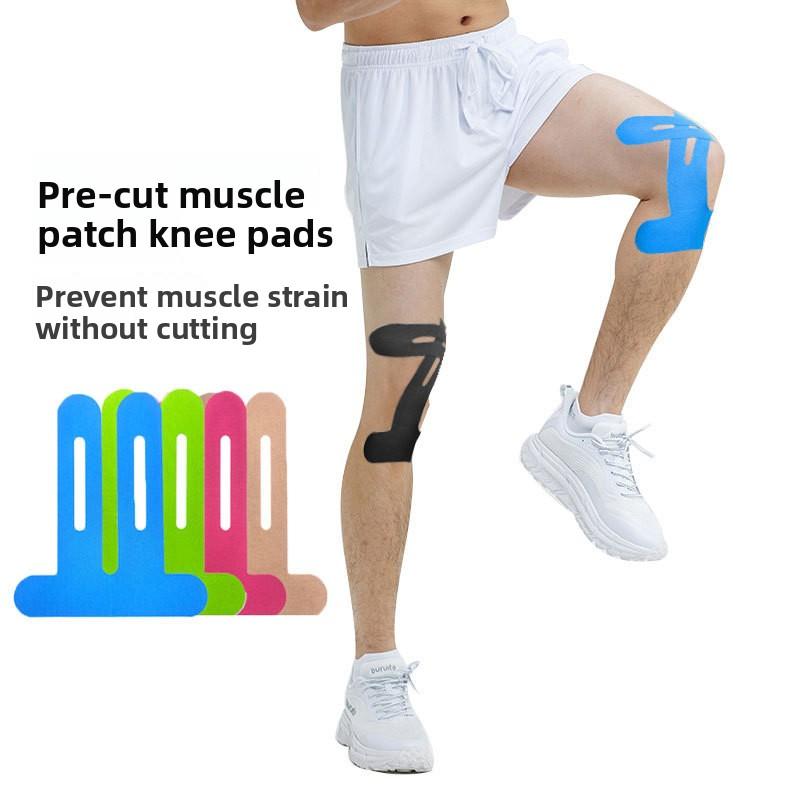 Knee muscle tape sports bandage for athletes, specifically for running, meniscus protection, pre-cut and integrated into muscle tape