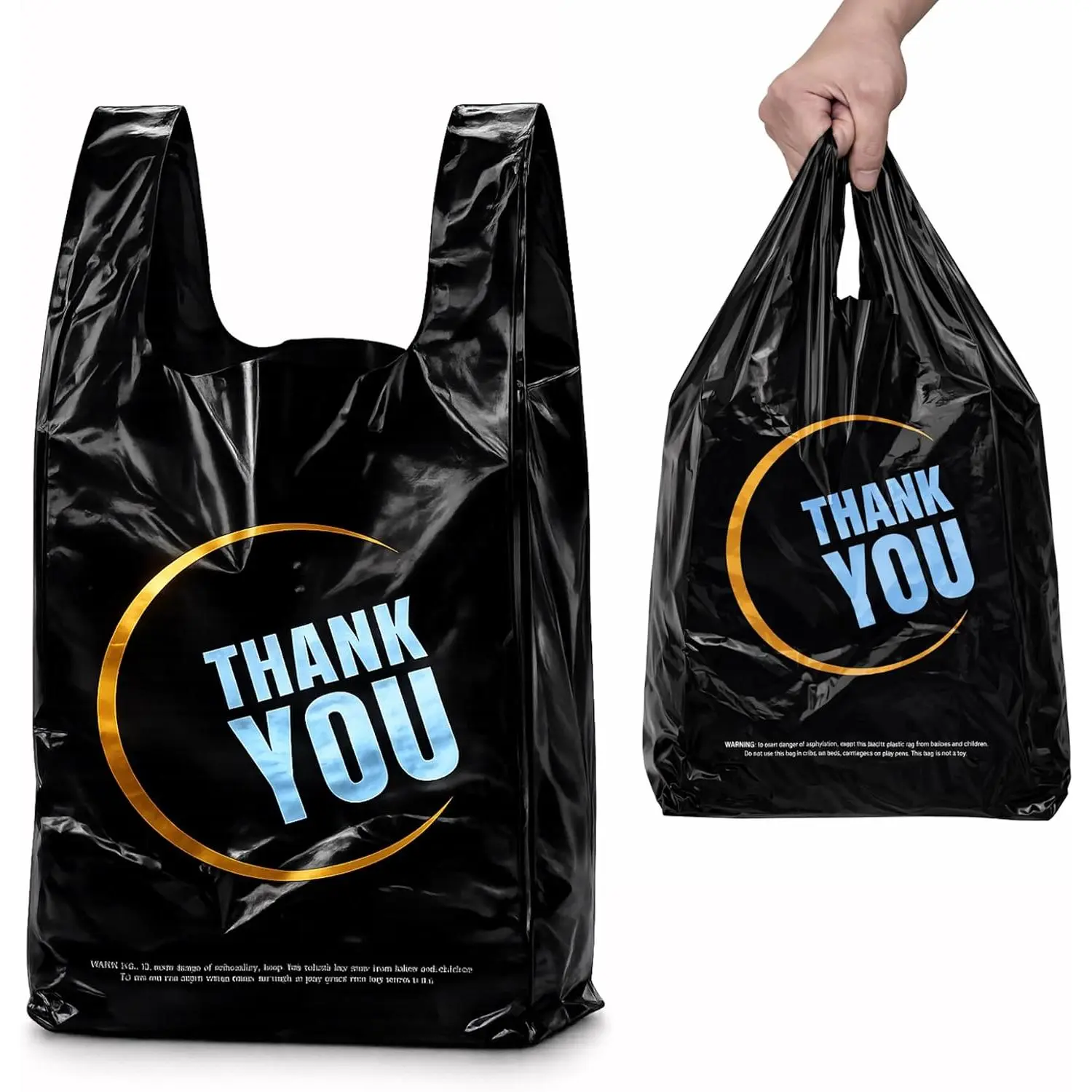 100count Black Thank You HDPE Shopping T-Shirt Bags (11x6x21in) - Durable Synthetic Material, Easy Handling Handles, Everyday Carryout Sacks for Restaurants, Small Business, Retail, 11 X 6 X 21 In, Grocery Shopping, Flexible Strength