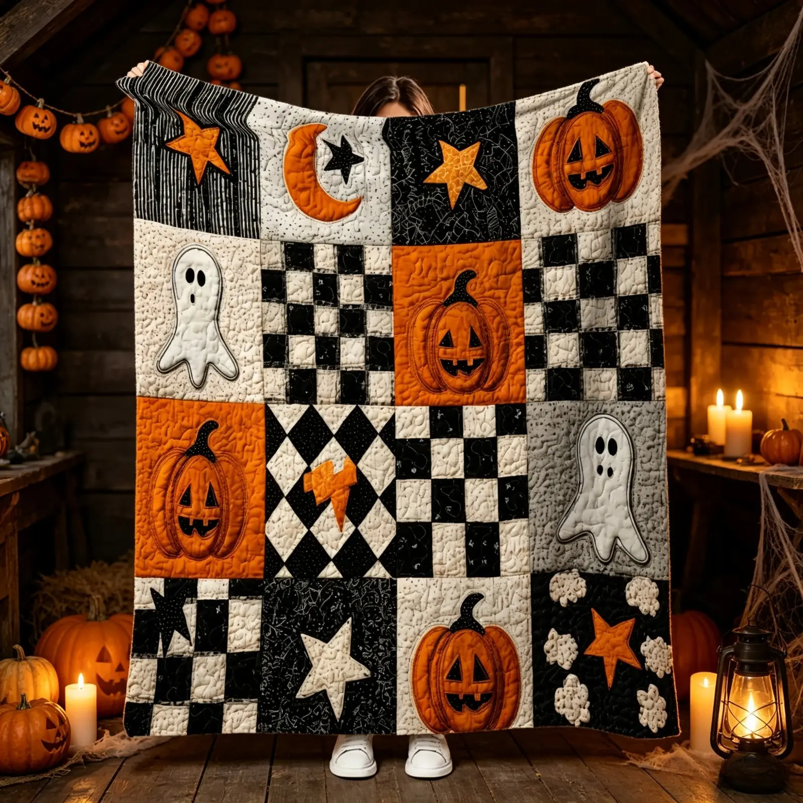 Modern Farmhouse Halloween Flannel Throw Blanket, 4x4 Quilt Patch Grid Pumpkin Ghost Star Moon Pattern, Soft Cozy AC Blanket for Kids & Adults, Lightweight Fleece Sofa Bed Cover, Fall Home Decor Holiday Gift