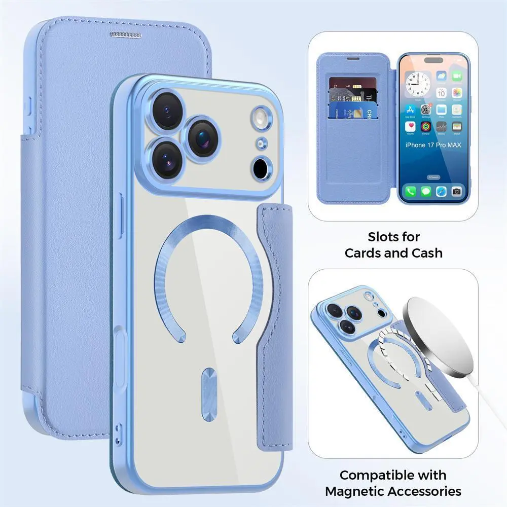 For Magsafe Clear Flip Leather Slot Card Bag Holder Magnetic Phone Case For iPhone 17 Pro Max Air Wireless Charging Wallet Cover
