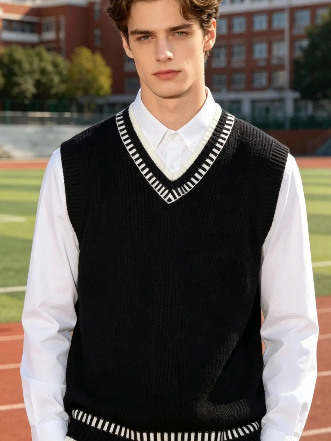 Men's V-Neck Knit Vest, Casual College Preppy Style Striped Sleeveless Sweater, Spring & Fall Layering Piece, Versatile Tank Top