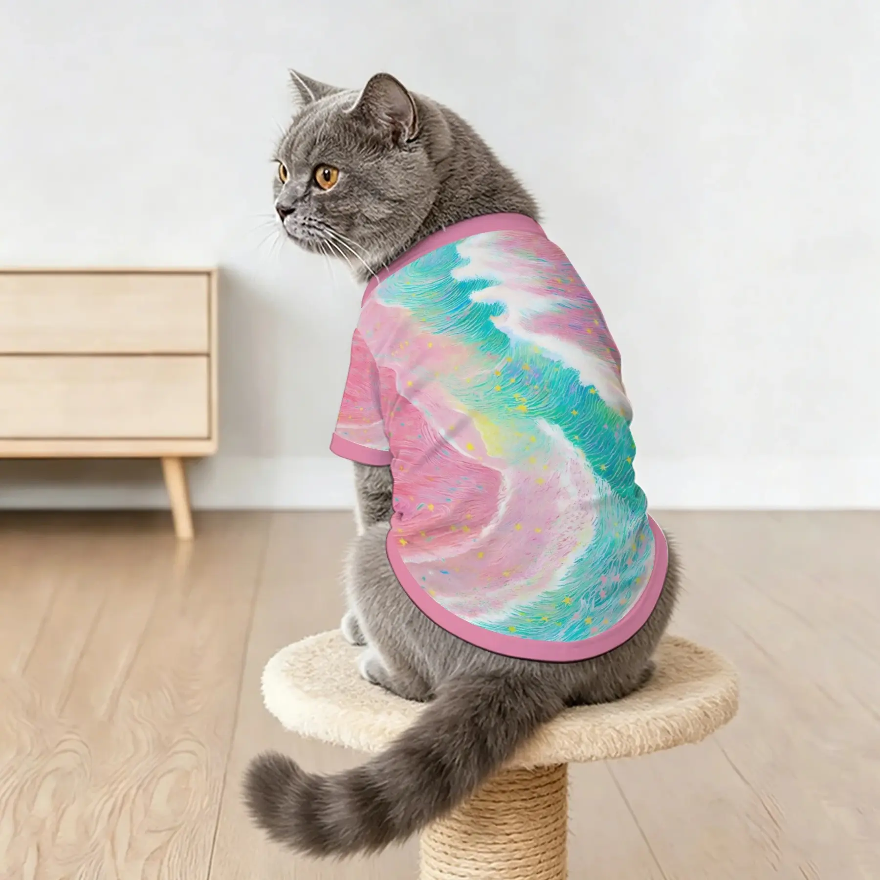 1pc All Season Puppy Kitten Clothes, PINK Beach Print, Soft Breathable Lightweight, Cute Pet Short Sleeve, Suitable for Daily Casual Wear