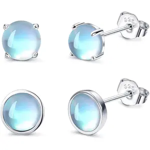 Solid 925 Sterling Silver Stud Earrings Jewelry Set • 6MM Natural Blue Moonstone Ear Studs (2 Pairs) • Hypoallergenic Platinum Plated Crystal Piercing