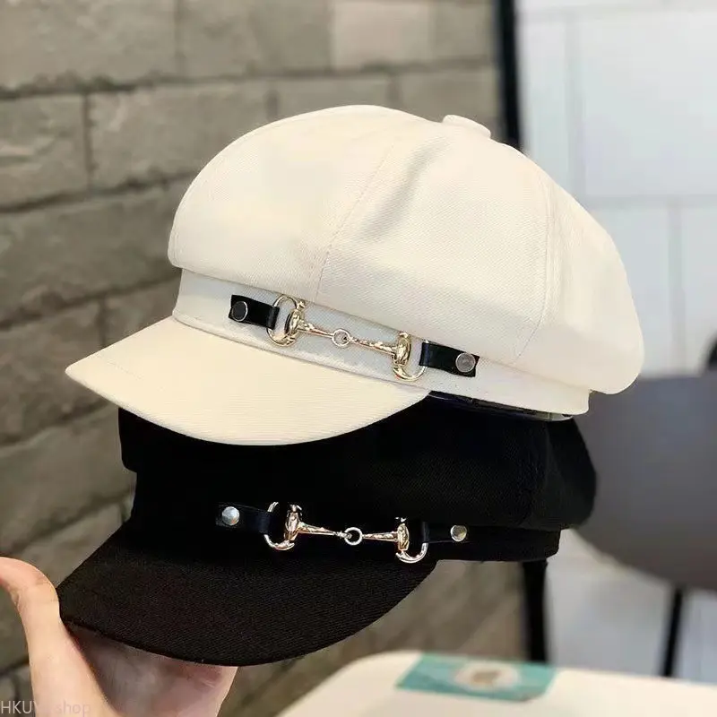 Women Girls Chain Detail Newsboy Cap Beret Octagonal Structured Brim Hat Elegant Minimalist Chic Style Adjustable Lightweight Cotton Blend One Size Fit Most Daily Wear Street Style Travel Autumn Winter Y2K Clean Girl TikTok Fashion Outfit Accessory