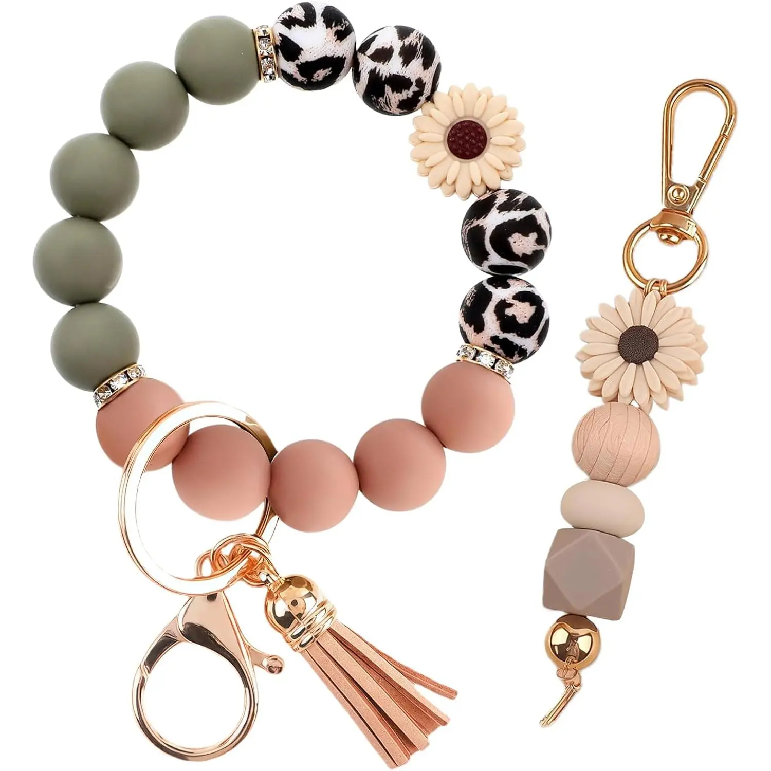 2PCS Bracelet Key Ring Set, Cute Car Key chain Wristlet, Silicone Beaded Bangle keyChains for Women Girls