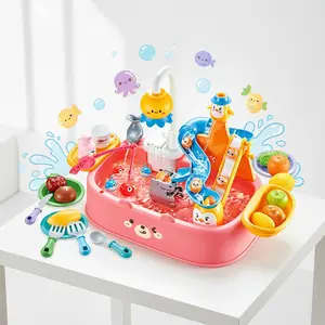 Electric Track Sink and Fishing Game, Kids Water Play Kitchen Sink, Flow Function, Educational Toy, Automatic Dishwasher Toy