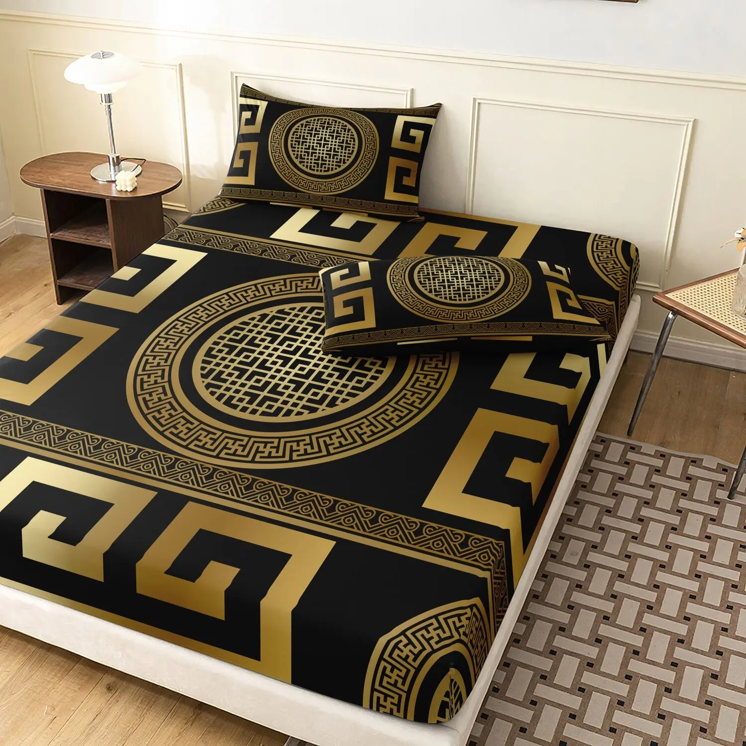 3 Pieces Black Gold Greek Key Geometric Fitted Sheet Set, Bed Linens, Luxury Retro Circle Square Border Printed Bedding, Soft Microfiber Bedding For Bedroom Home Decoration, Multiple Sizes Available (1 Fitted Sheet + 2 Pillowcases)