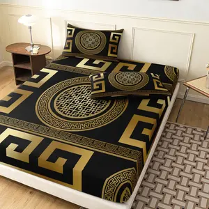 3 Pieces Black Gold Greek Key Geometric Fitted Sheet Set, Luxury Retro Circle Square Border Printed Bedding, Soft Microfiber Elegant Modern Style Bedding For Bedroom Home Decoration, Multiple Sizes Available (1 Fitted Sheet + 2 Pillowcases, No Pillow)