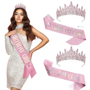 Birthday Queen Crown and Sash Set for Women and Girls, Glitter Birthday Sash with Baroque Tiara Crown, Birthday Party Accessories for Celebration, Photoshoot, Sweet 16, 18th, 21st Birthday