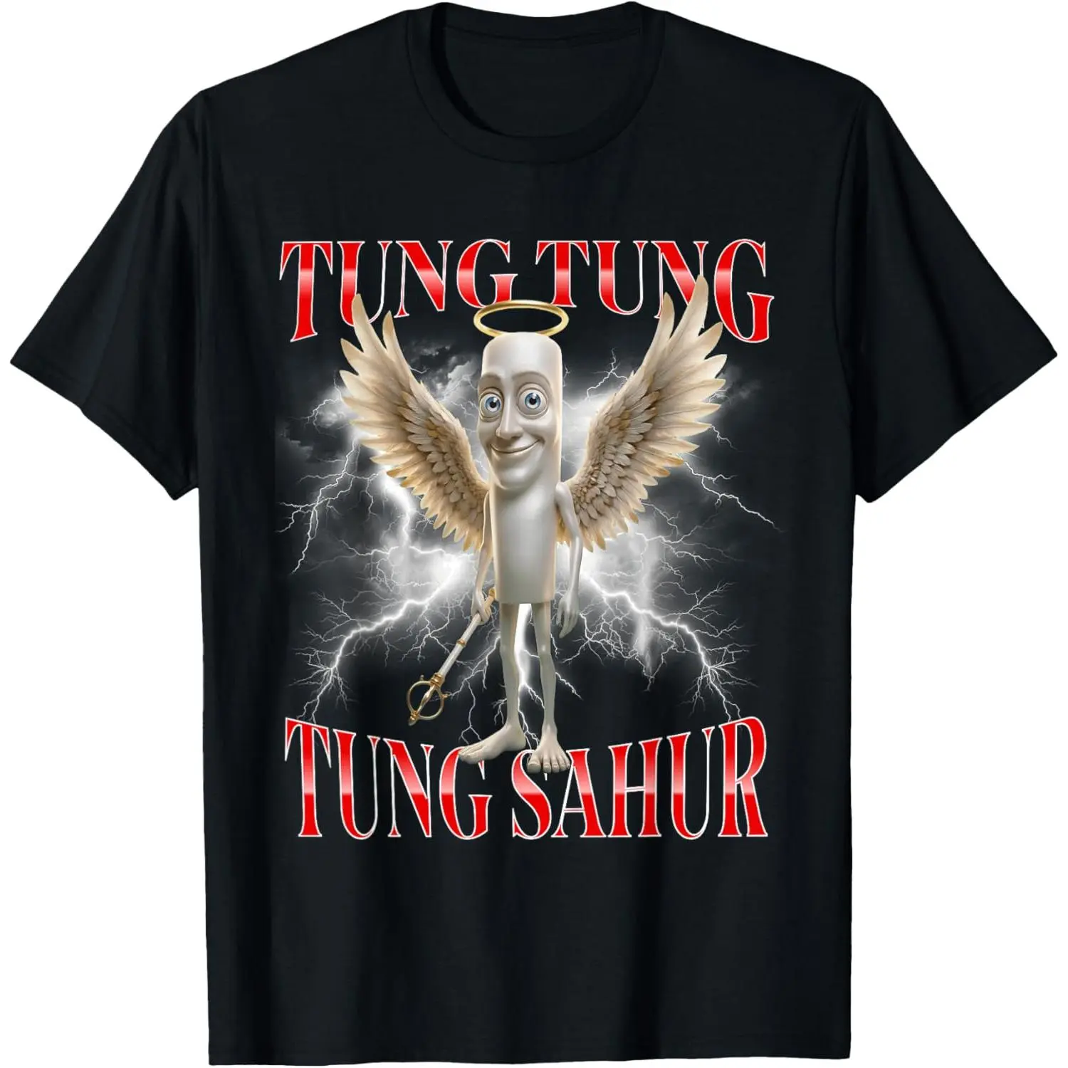 100% Cotton Unisex Round Neck Tee, "Tung Tung Tung Sahur" Angel Cartoon Lightning Chest Graphic Loose Casual Top, Viral Ramadan Meme Funny Angel Character Print Shirt For Muslim Holiday Daily Street Family Gathering Soft Breathable Summer Gift