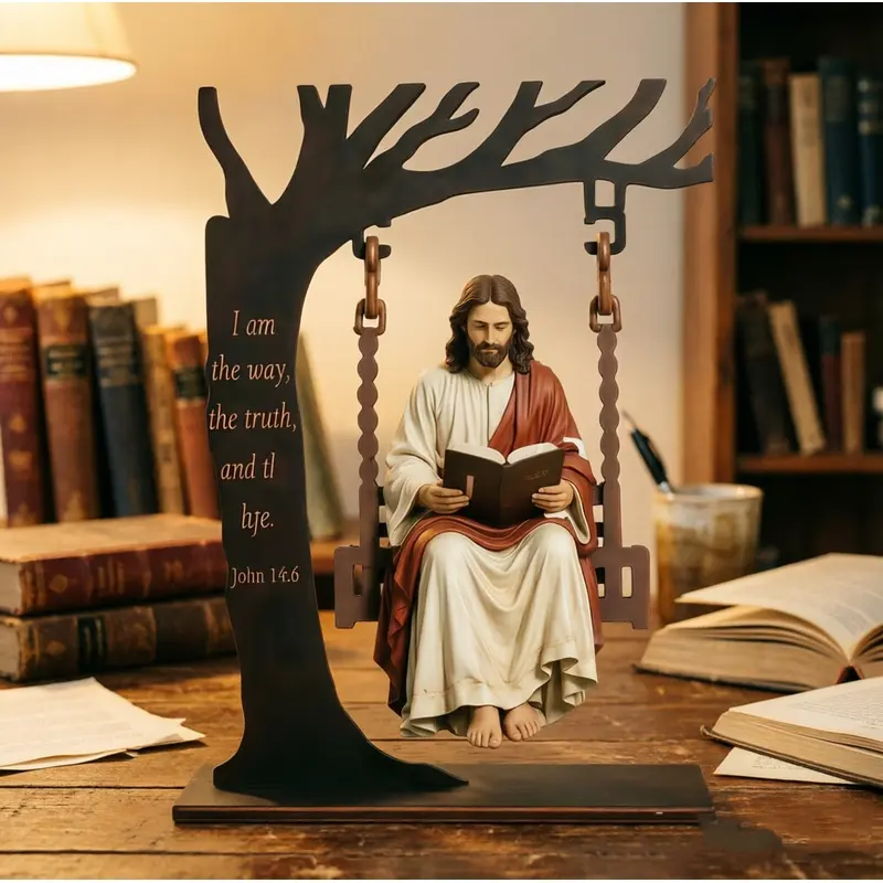 Wooden Tree Stand Jesus Reading Bible Tabletop Decor, John 14:6 "I Am The Way The Truth And The Life" Wood Tree Swing Frame with Christ Statue, Christian Religious Home Desk Ornament