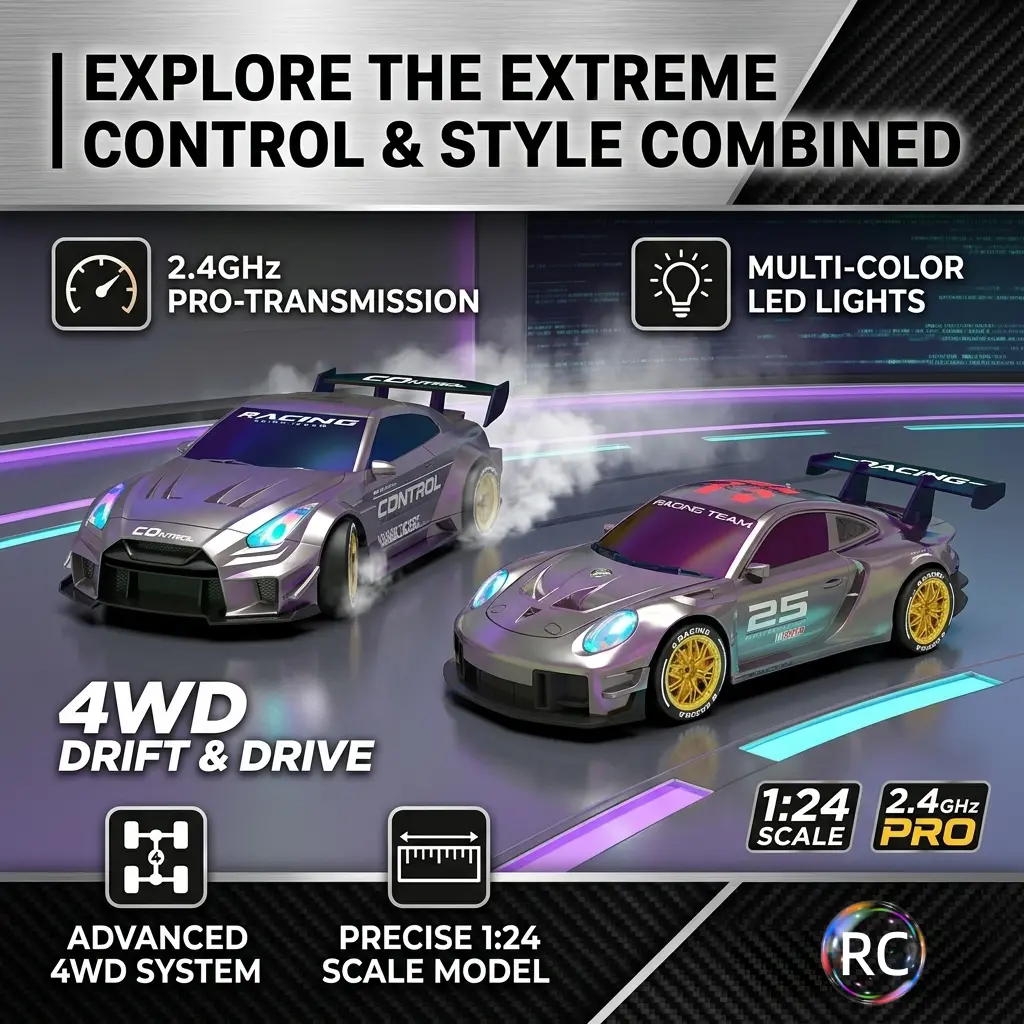 1/24 Scale RC Drift Car Toy with Adjustable LED Lights, 2.4GHz High Speed Remote  Car with Changeable Wheels, Holiday Toy Gift for Boys Kids Ages 8+ (Silver) easy control