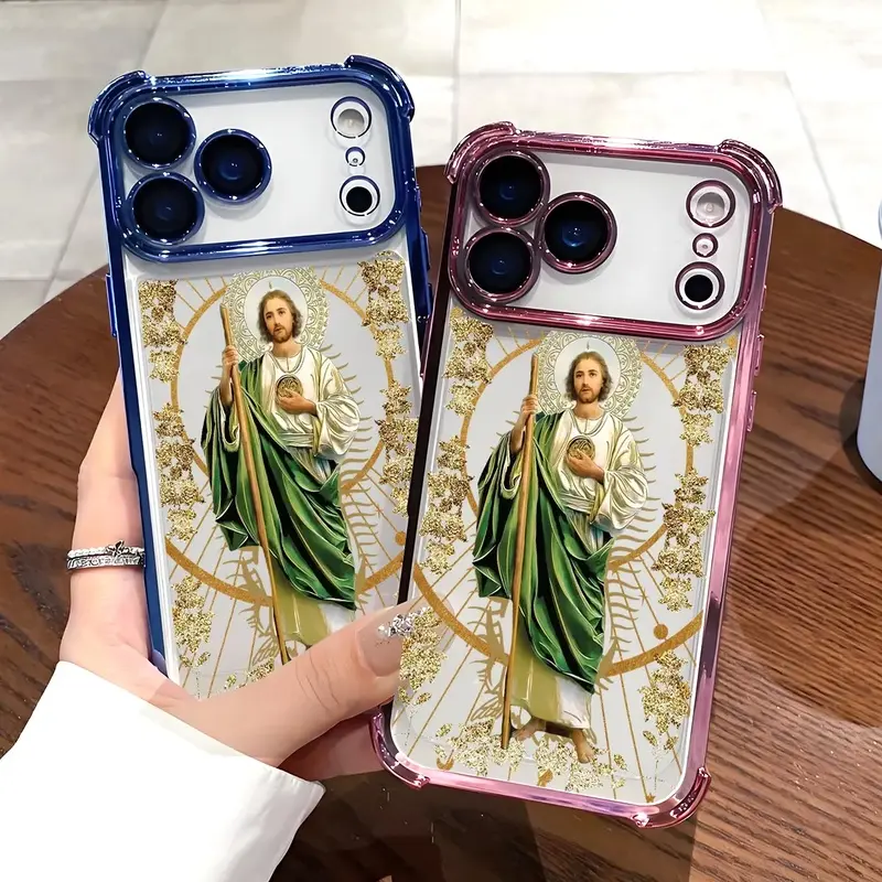 St. Jude Pattern Smartphone Case - Electroplated Digital Handheld Holder with Airbag Shockproof Soft TPU Cover, Card Slot Compatible for iPhone X,11,12,13,14,15,16,17 Pro Max Plus