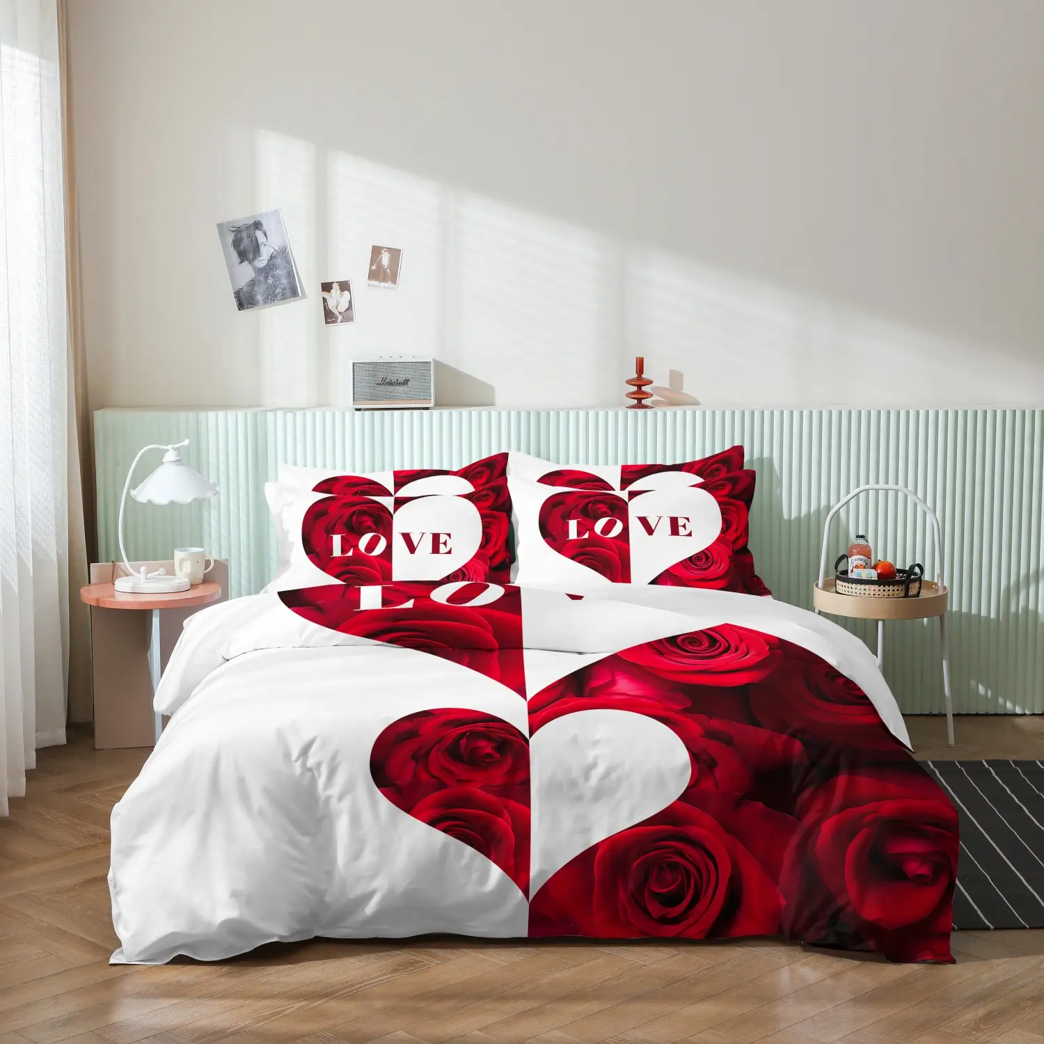 Red Rose Heart LOVE Letter Print 3 Pieces Duvet Cover Set, Romantic Red Floral Heart Shape Print Bedding, Soft Microfiber Lovers Honeymoon Bedroom Decor (1 Duvet Cover + 2 Pillowcases, No Comforter No Pillow)