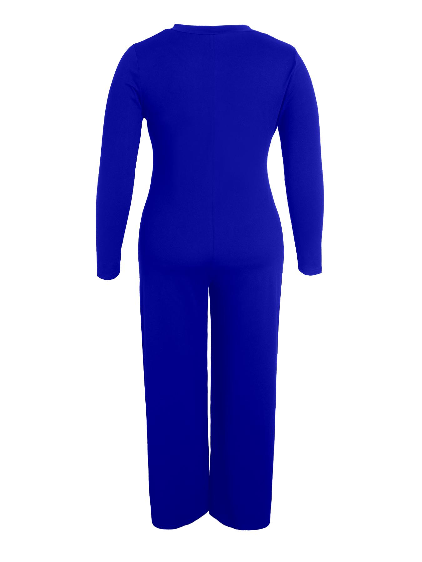 [Plus Size] Solid Pocket Button Front Wide Leg Jumpsuit, Casual Long Sleeve Round Neck Jumpsuit for Daily Wear, Women's Clothes for Fall & Winter, Womenswear