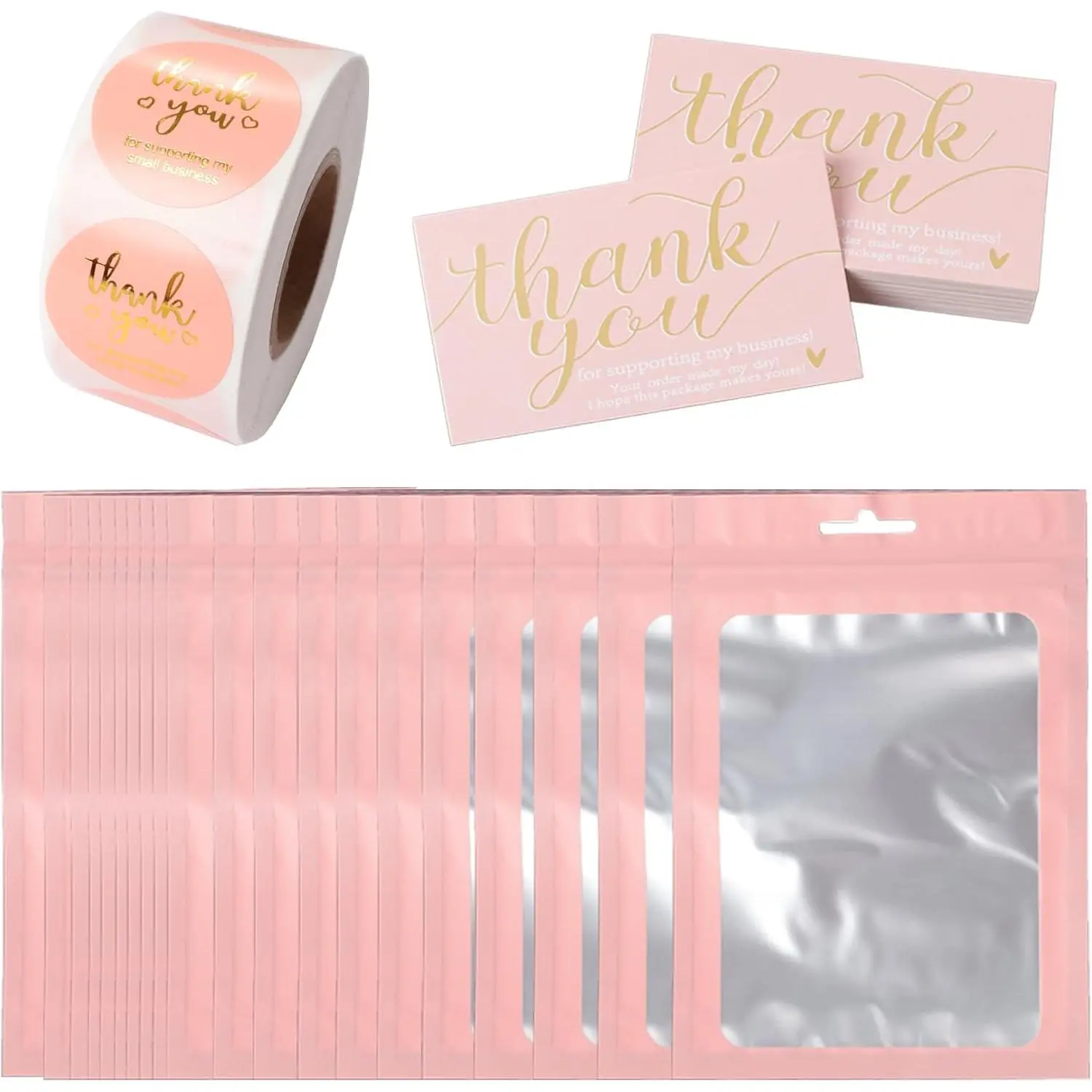 620Pcs Pink Thank You Set Including 100 Thank You Business Cards 500 Gold Foil Thank You Small Business Stickers 20 Resealable Packaging Bags