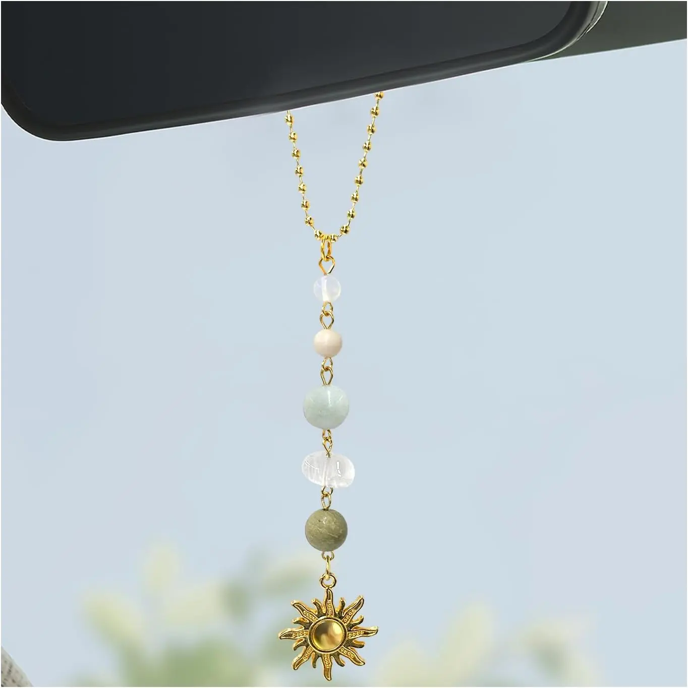 Sun   Charm, Rear View Mirror Cute Boho Dangling Sun  Decor  Ornament,     Stones Sun Catcher Mirror Pendant for Women Men (Green)