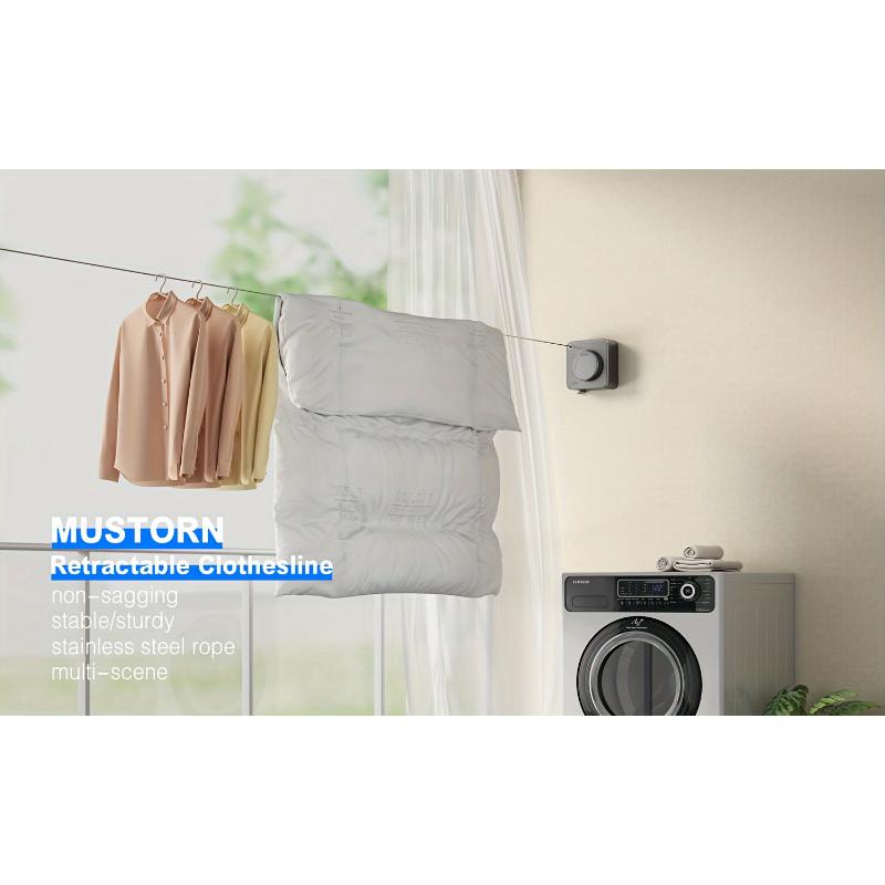 Retractable Heavy-Duty Clothes Drying Line - 15.1 Feet Long, Non-Sagging, Wall Mounted, Stainless Steel, Indoor and Outdoor Use, Gray Color Laundry Metal Laundry Metal