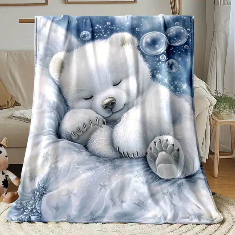 Ultra-Soft Flannel Fleece Throw Blanket with Sleeping Baby Polar Bear, Glowing Bubbles, Twinkling Stars on Blue-Grey Gradient Background - Anti-Pilling, No-Shed, Lightweight, Breathable All-Season Blanket for Kids' Nursery, Sofa Decor