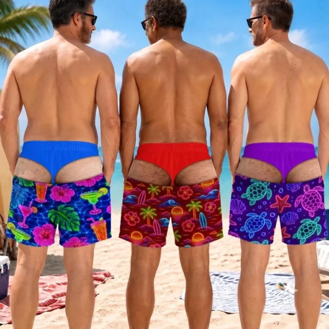 Funny Neon Tropical Swim Trunks for Men, Cheeky Beach Shorts, Pool Party Gag Gift