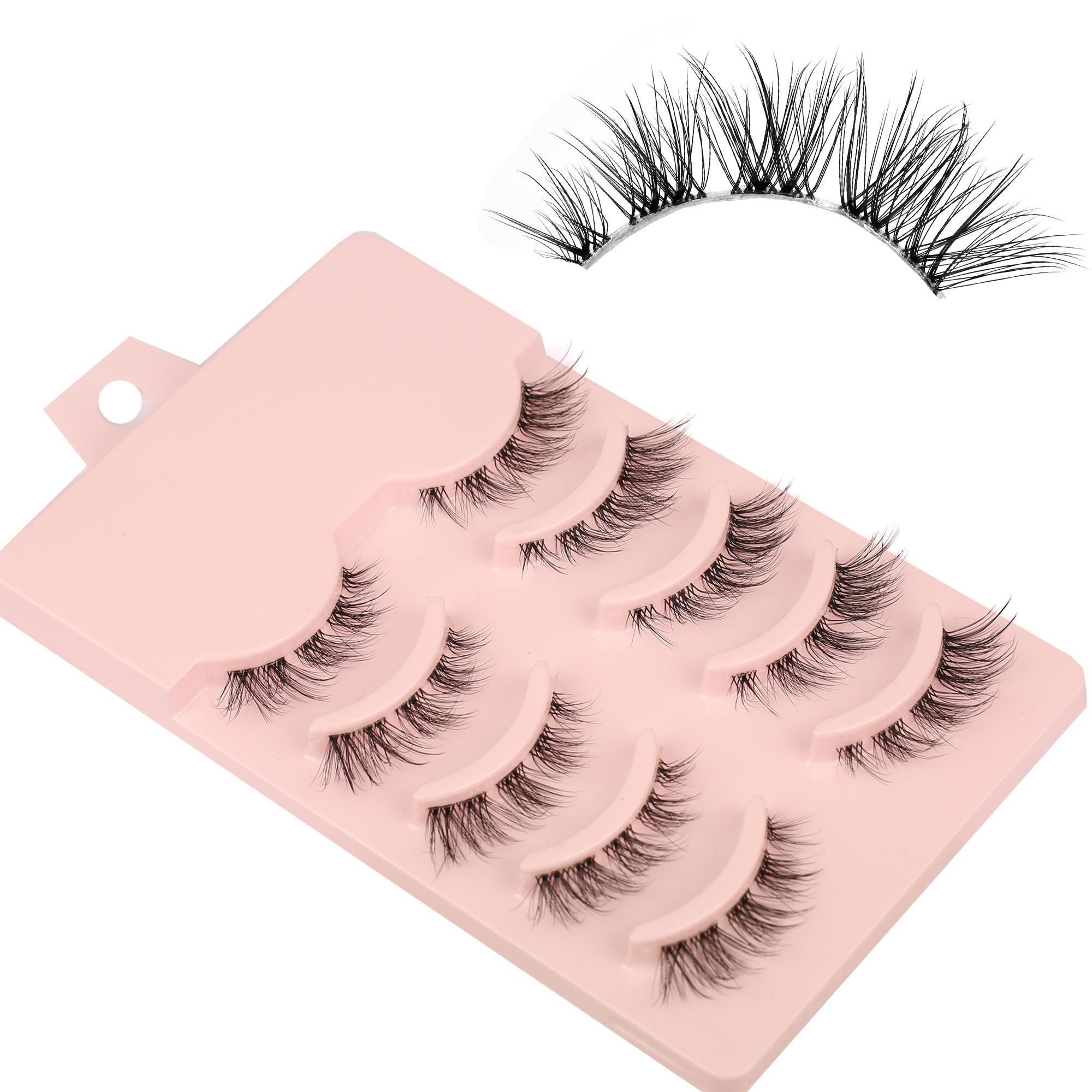 Lightweight Cat Eye Flare Lashes, 5 Pairs Transparent Stem Wispy Natural Curling Eye Makeup Strip Lashes, Volumized False Eyelashes