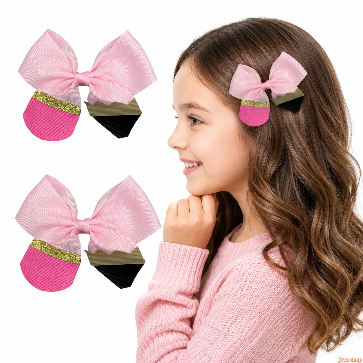 Girls' 2-Pack 2026 New Back-to-School Sparkly Glitter Pencil Bow Alligator Barrettes - Cute Ribbon Hair Clips, US-Designed First Day Gift Hair Accessories for Sportswear Outfits
