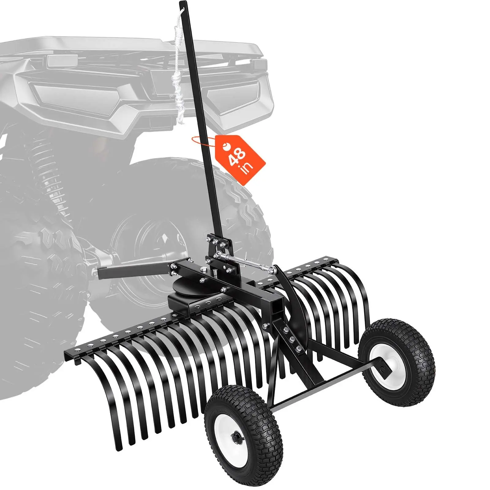 VEVOR 48in Tow-Behind Lawn Rake for ATV, Mower - 24 Durable Steel Tines, Adjustable Height, Angle Adjustment, Heavy-Duty Dethatching Tool for Leaves, Debris