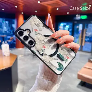 Phone Case - Gray Elephants with White Patterns And Pink Flowers Charm Black Border Magnetic Phone Case, Anti-Yellowing, Slim Lightweight & Bare Feel, Luxury Premium Design for Samsung Galaxy S22 S23Fe S24 S25 Plus Ultra