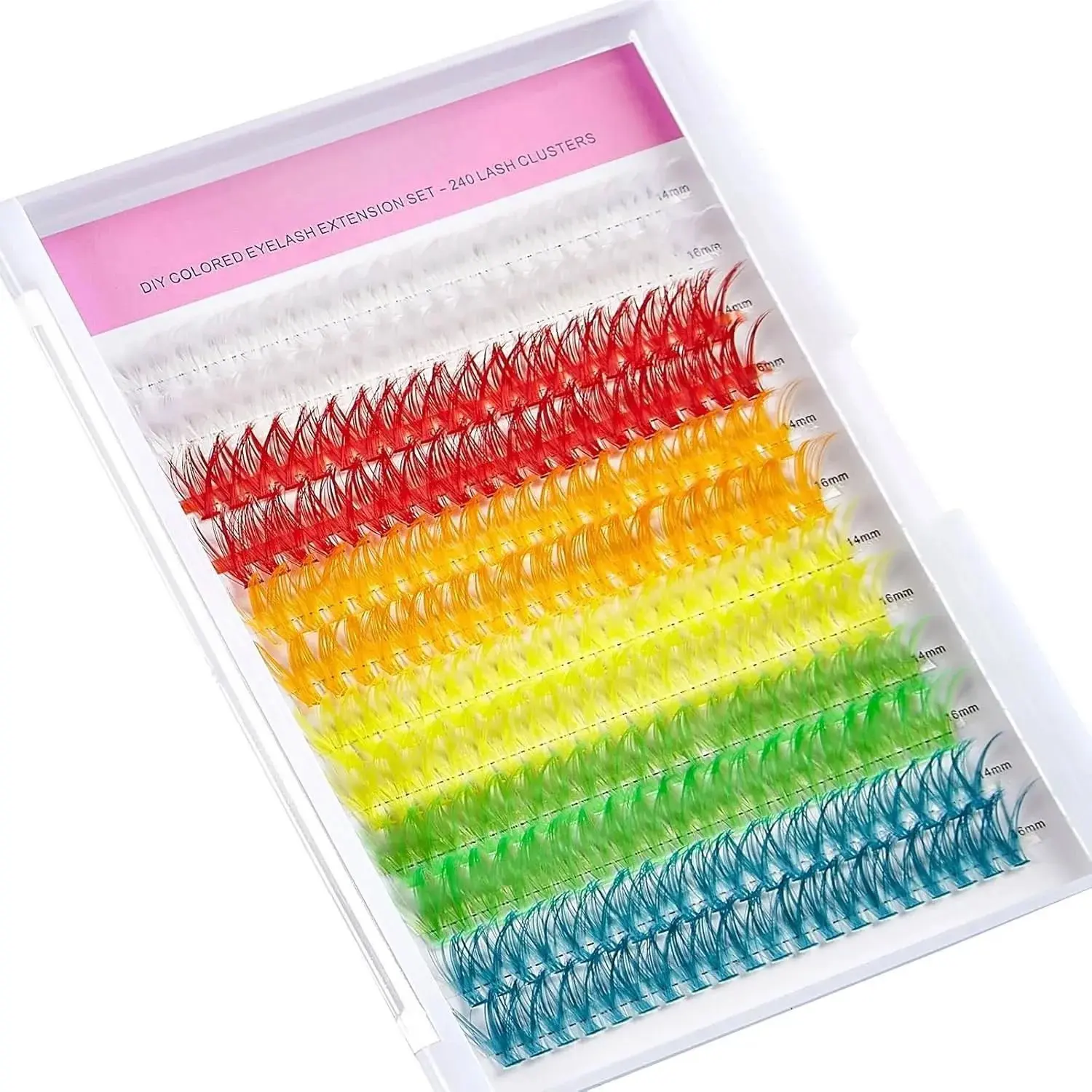 Fairy Colored Lash Clusters, Fake Eyelash Extension Kit, DIY 6 Colors Individual Anime Cosplay Lashes, Colored False Eye Lash Kit for Beginners, 14/16mm Extensions White, Red, Green（240pcs)（No Glue)