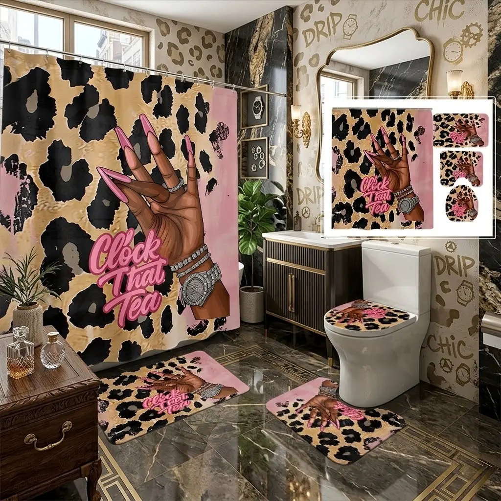 4pcs Leopard Print Girly Aesthetic Shower Curtain Set—featuring a manicure-themed design for a stylish, unique bathroom look Leopard Bathroom Decor; the bath mat is thick and soft to the touch! Perfect for bachelorette parties