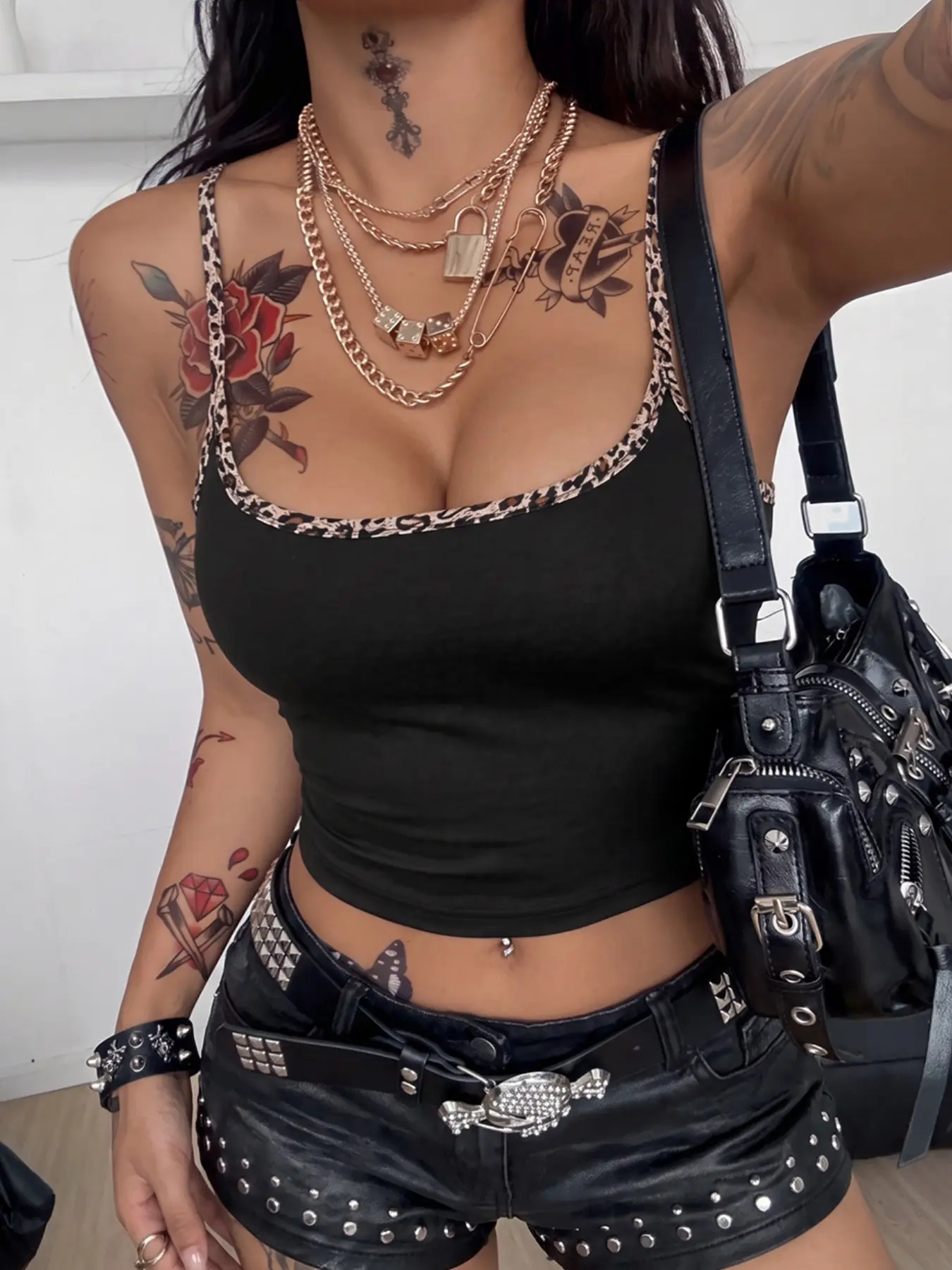 Women'S Black Leopard Trim Square Neck Slim Crop Cami Tank Top, Ribbed Spaghetti Strap Sleeveless Vest, Gothic Y2K Grunge Street Style, Suitable For Nightclub Party Skate Daily Street Matching Outfits