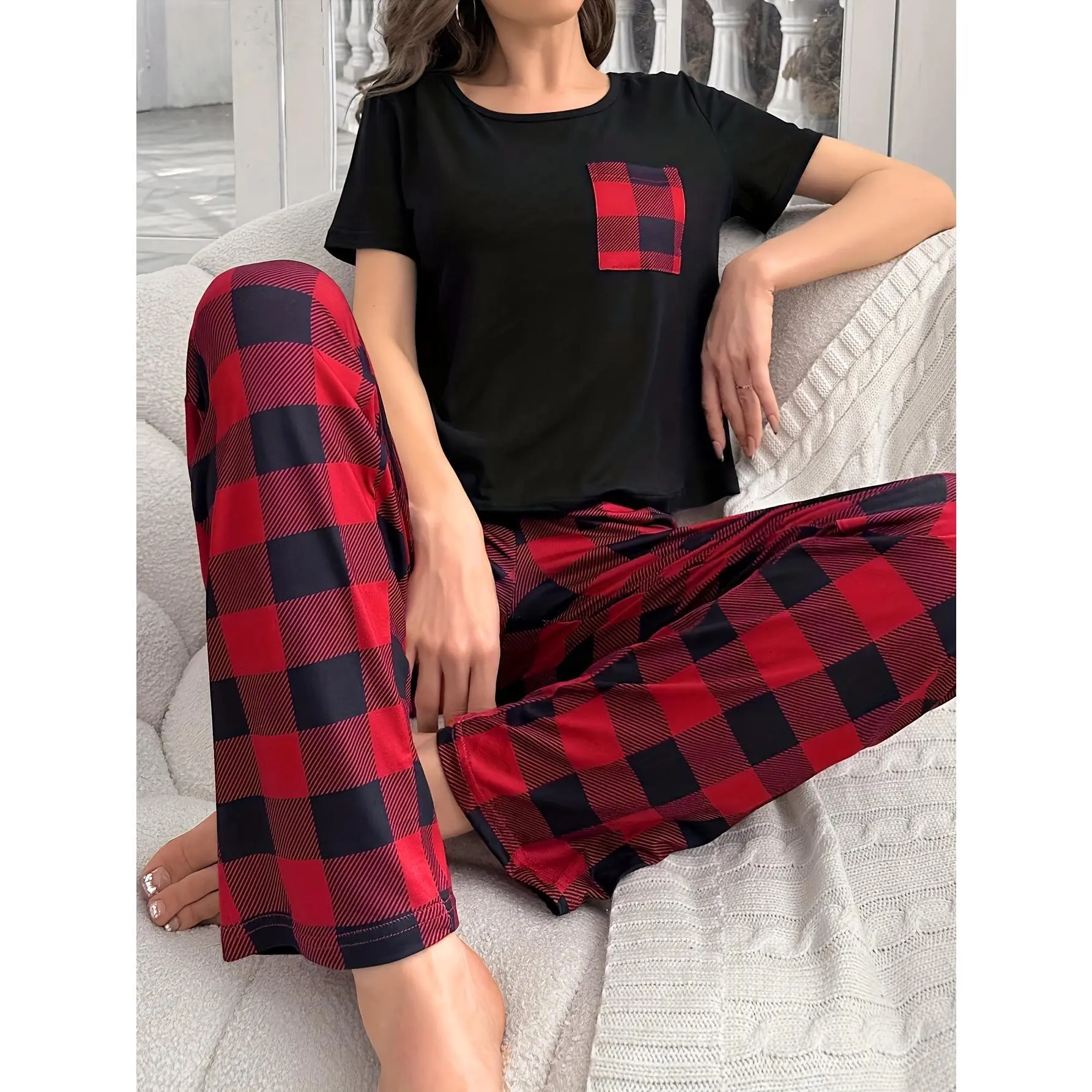 Casual Women'S Black Red Checkered Pocket Short Long Pajama Set