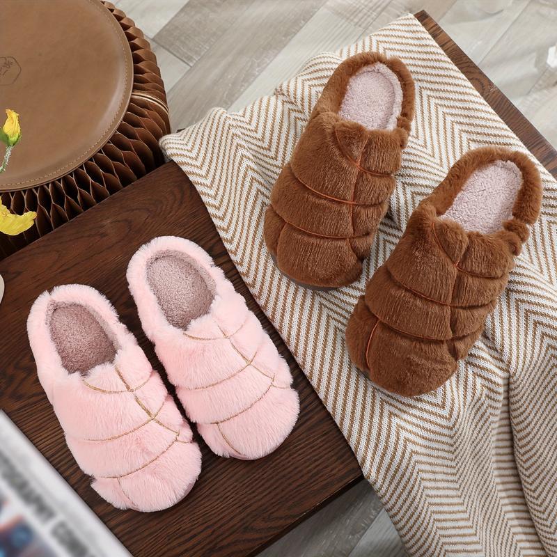 (New)Cozy Faux Rabbit Fur Slippers with Embroidered Mexican Concha Design, Plush Indoor Comfort Shoes for All Seasons